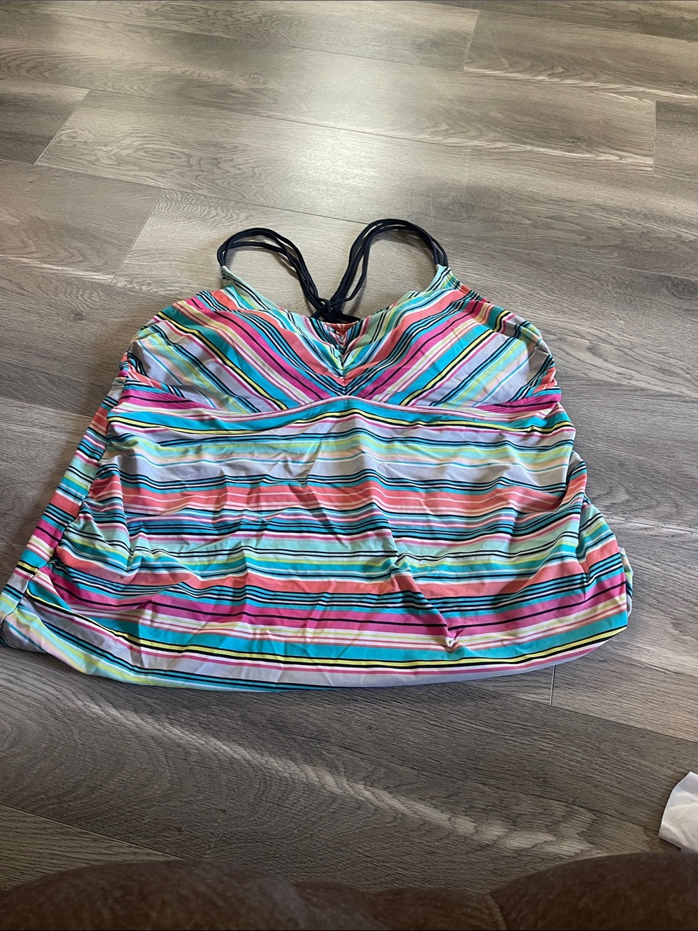 Pure Energy Striped Swim Top in Pink, Teal, Black and White